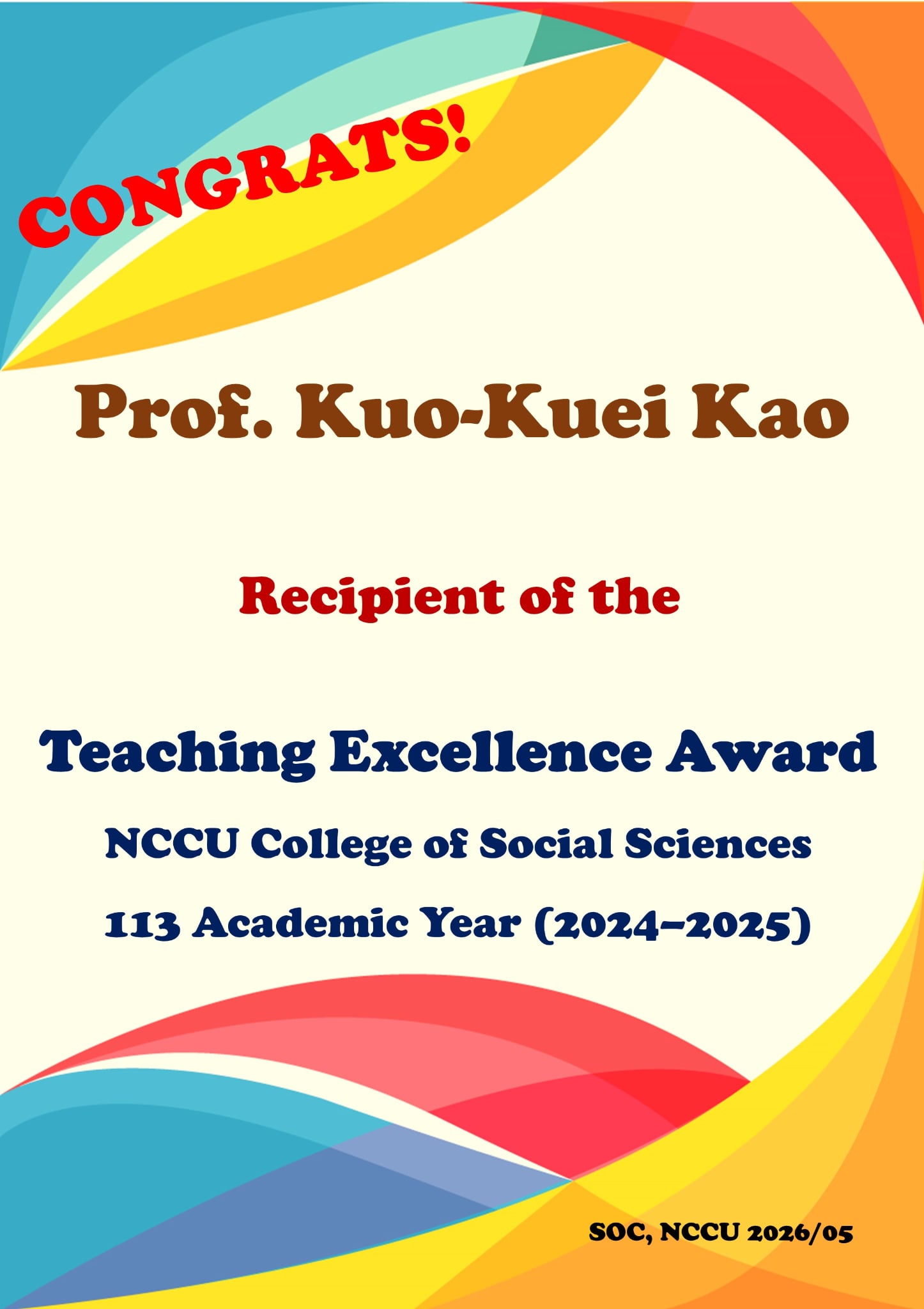 Congratulations to Prof. Kuo-Kuei Kao